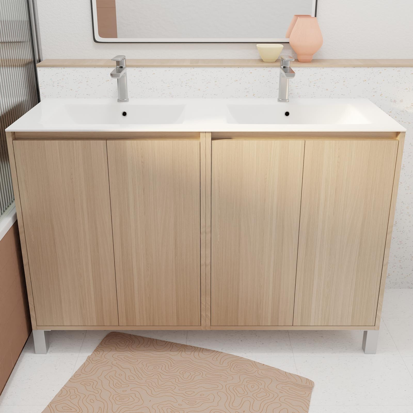 Pack Meuble Salle de Bains 120 cm Chêne Clair, 4 portes avec Vasque Céramique - XENOS