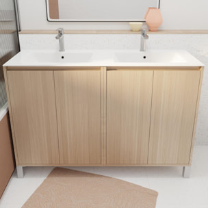 Pack Meuble Salle de Bains 120 cm Chêne Clair, 4 portes avec Vasque Céramique - XENOS