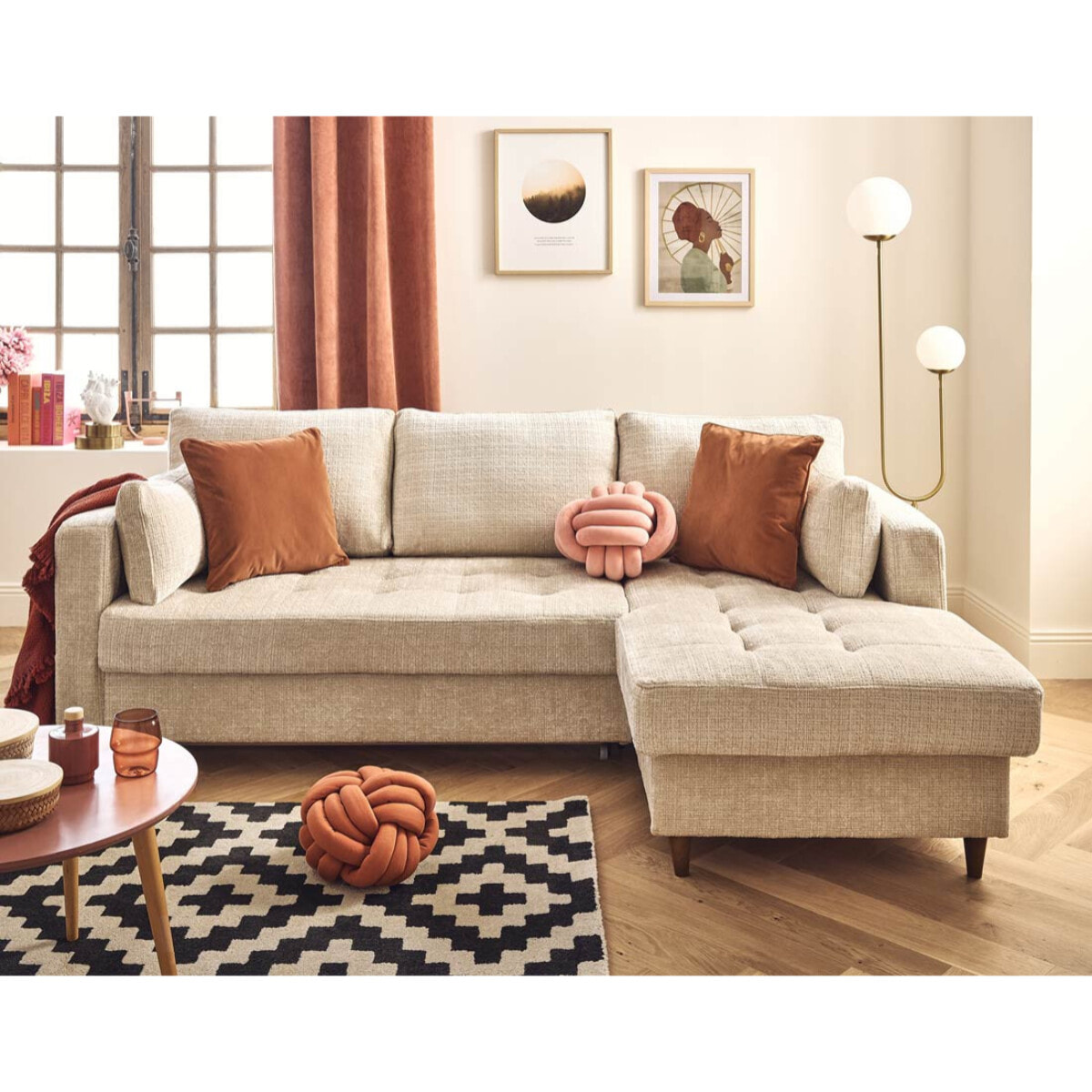 Anna - canapé d'angle droit 4 places convertible avec coffre en velours texturé - Beige
