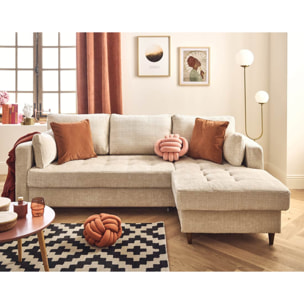 Anna - canapé d'angle droit 4 places convertible avec coffre en velours texturé - Beige