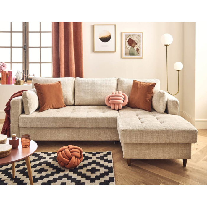 Anna - canapé d'angle droit 4 places convertible avec coffre en velours texturé - Beige