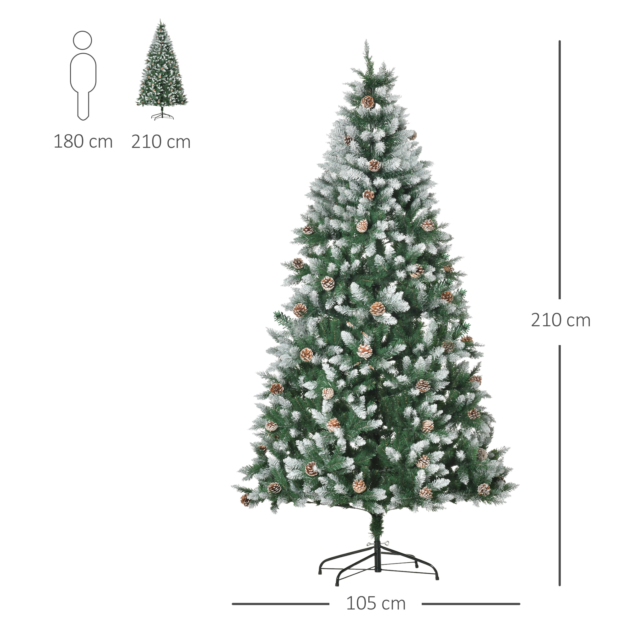 HOMCOM árbol de Navidad Artificial Ø105x210 cm con 1440 Puntas de PVC y 75 Piñas con Ramas Apertura Automática Base Plegable y Soporte de Acero para Interiores Verde