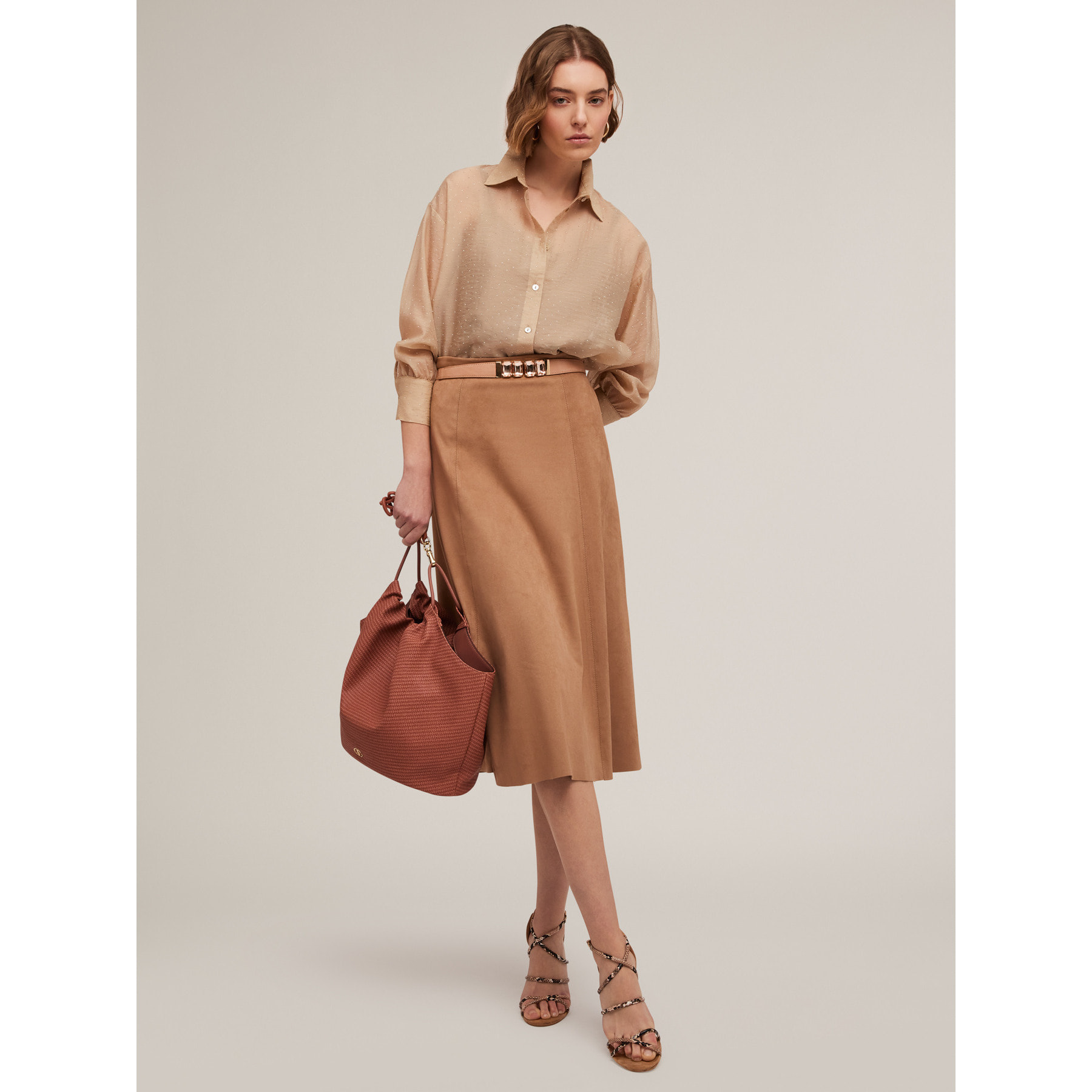 Motivi - Falda línea midi efecto ante - Beige