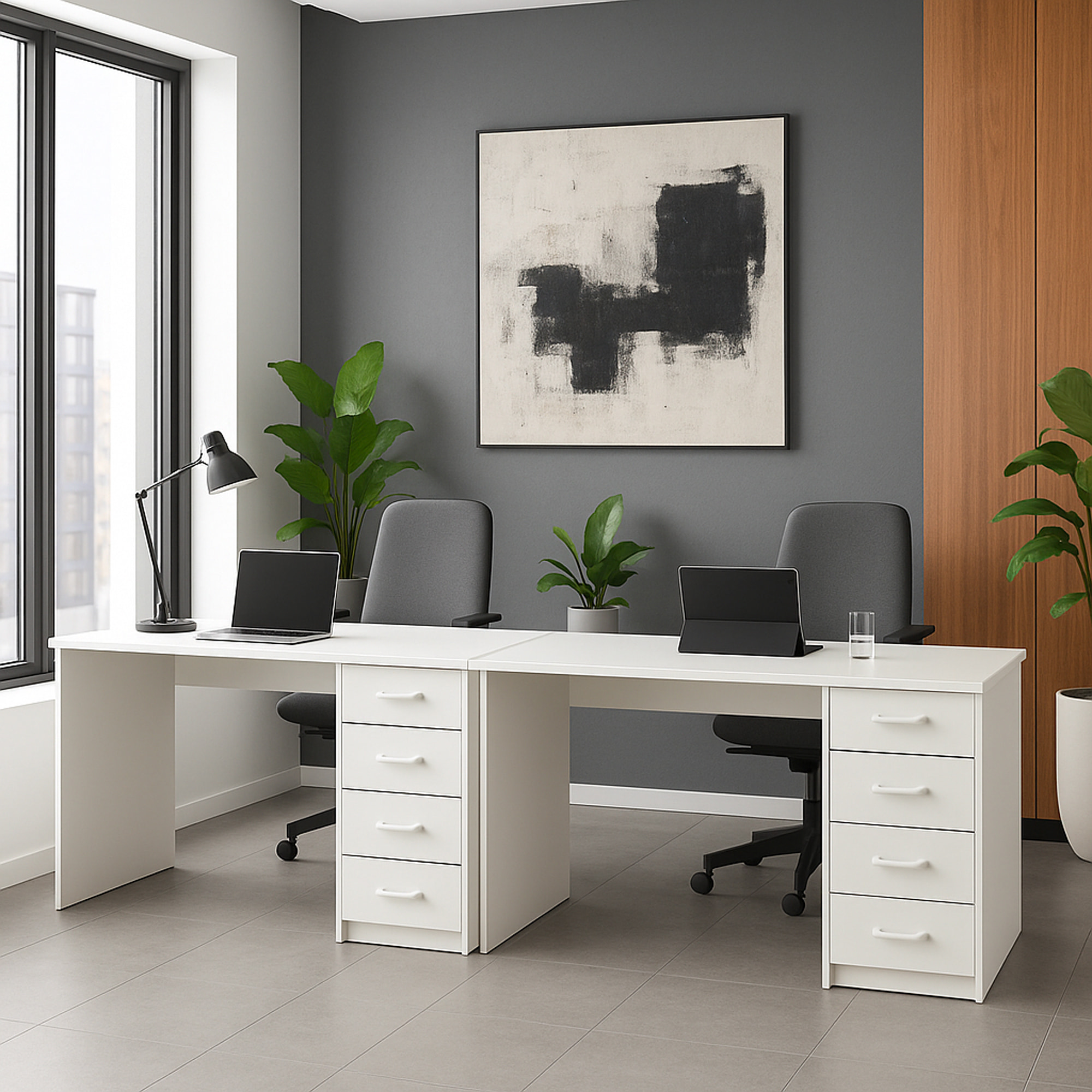 Cassiopea - Scrivania con 4 Cassetti 110x56x73 cm per PC da Ufficio in Legno Bianca