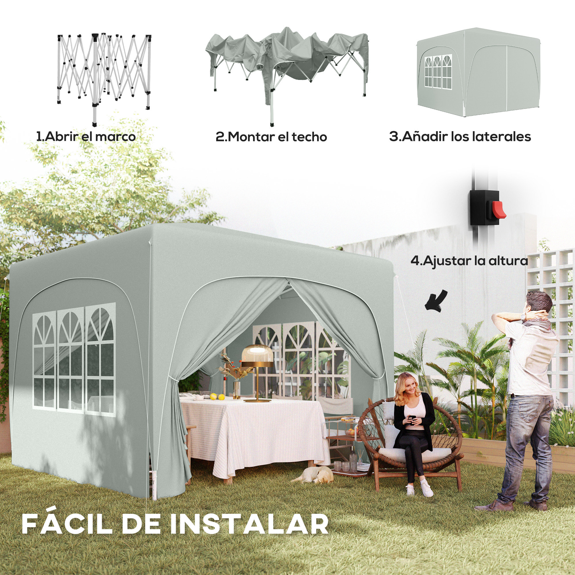 Carpa Plegable 3x3 m, Pop-up, Cenador Pabellón de Jardín con Altura Ajustable de 3 Niveles, 4 Paredes Laterales, Ventanas y Bolsa Transporte, UPF50+, Impermeable para Fiestas, Exterior, Gris