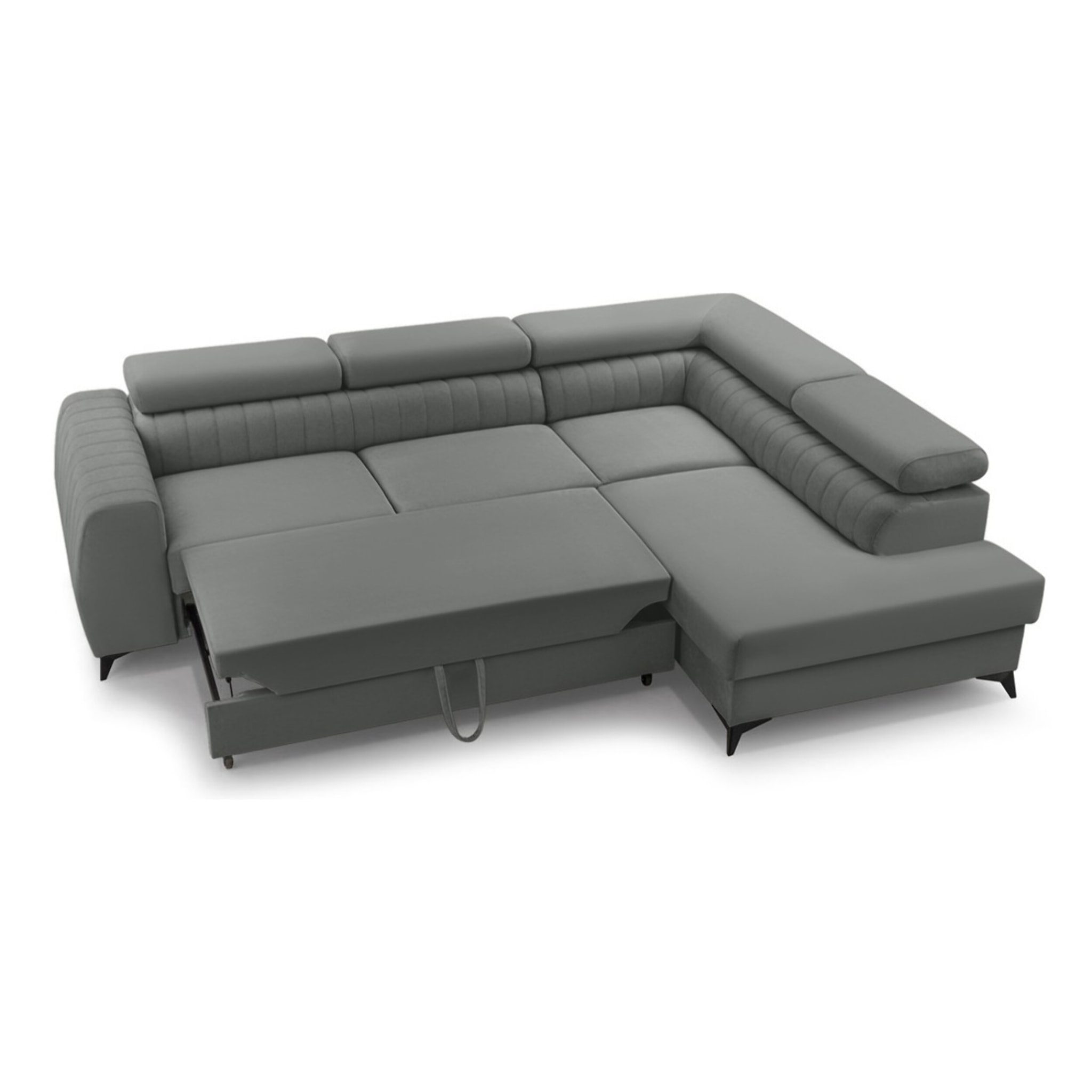Aneta - canapé d'angle droit 5 places - convertible avec coffre et têtières - en velours - Gris