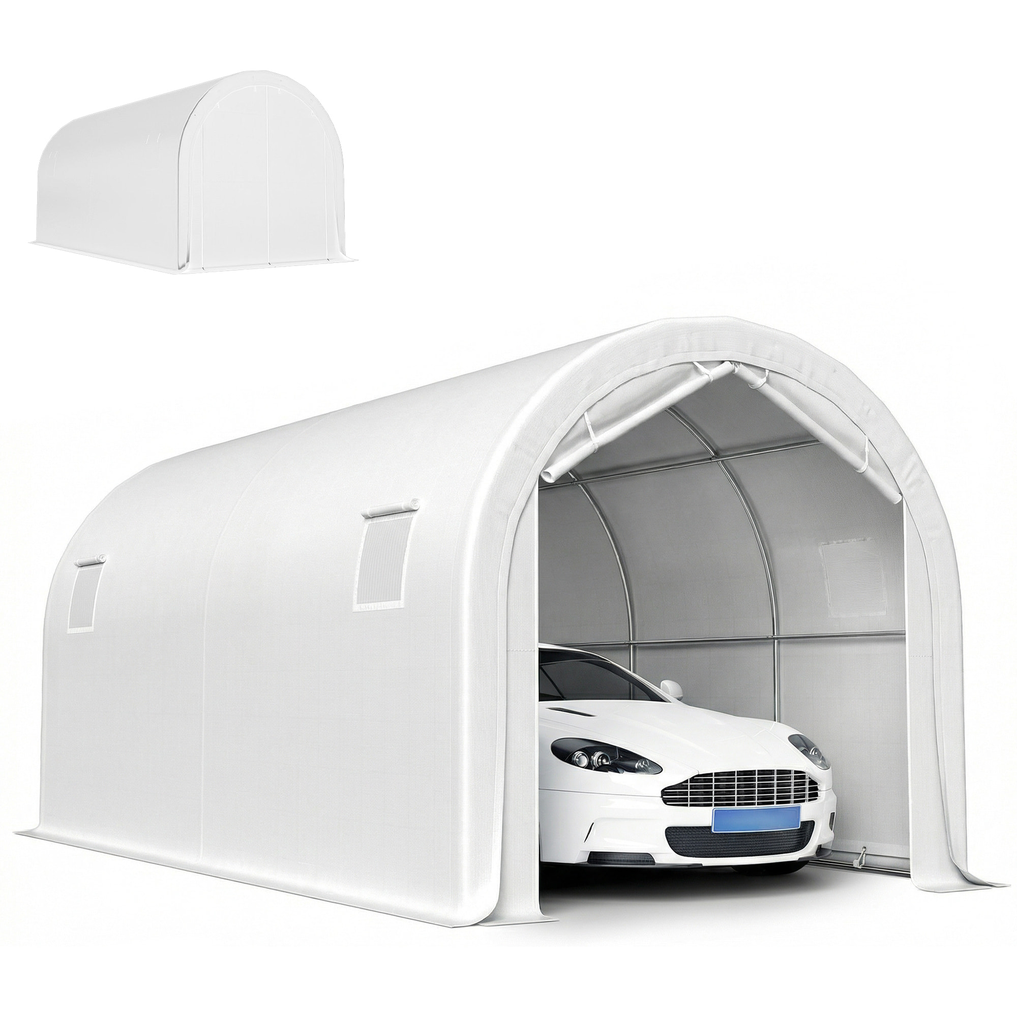 Carpa Garaje Portátil 3x6 m, Garaje Exterior para Coche Impermeable con Puerta Enrollable con Cremalleras y 4 Ventanas, Marco Metal Galvanizado, UPF 30+, Cobertizo de Almacenamiento, Blanco