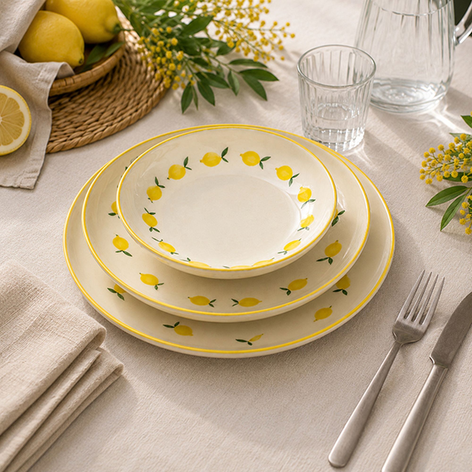 Lot de 6 assiettes à desert 20cm en grès jaune et blanc à motif citron CITRON