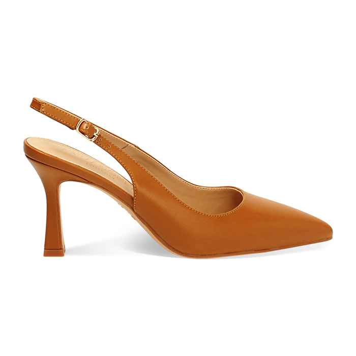 Décolleté slingback donna cognac, tacco 8 cm