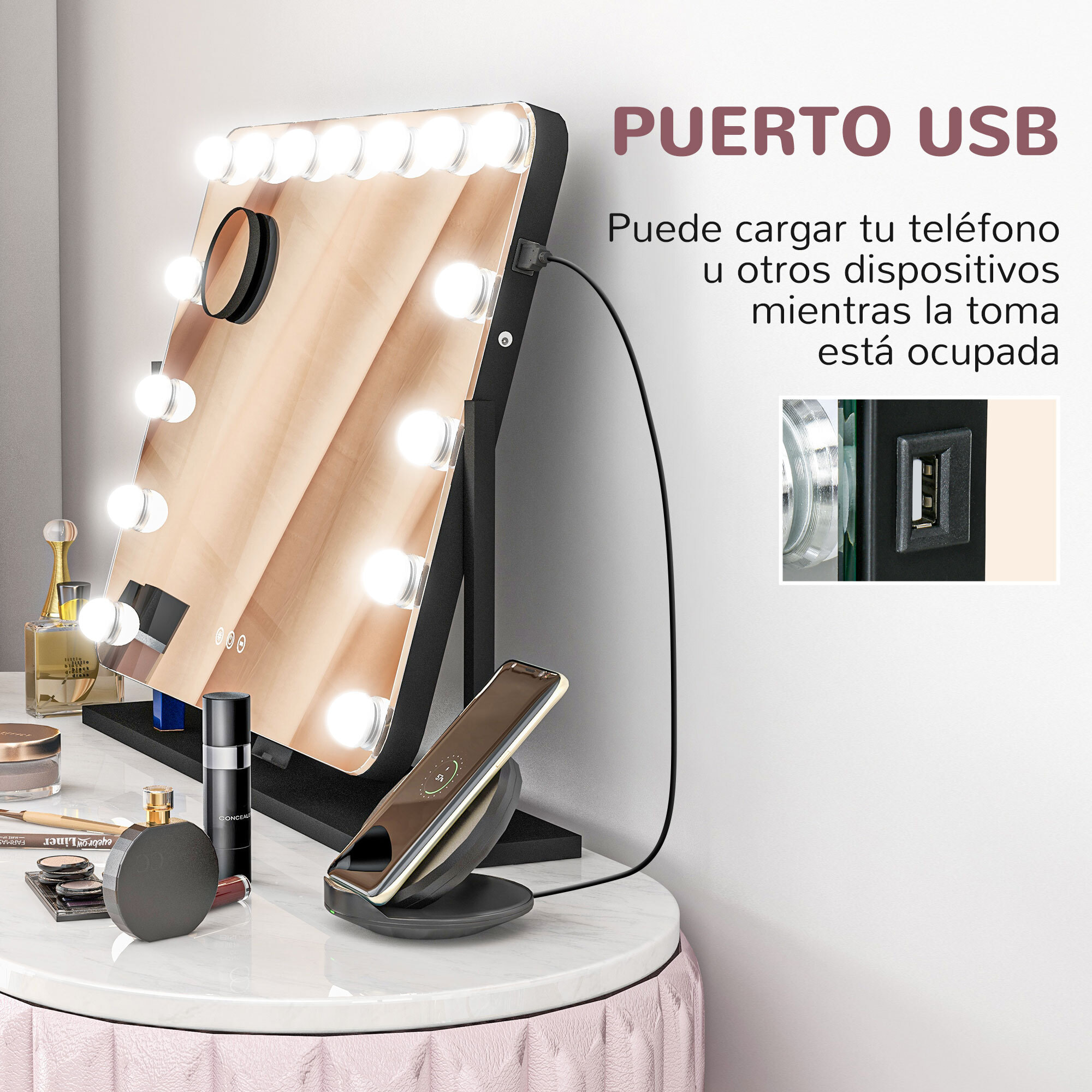 Hollywood Espejo de Maquillaje con Luz Espejo de Tocador Giratorio 58x46 cm con 14 Bombillas LED 3 Modos de Iluminación Ajustables Interruptor Táctil Soporte para Teléfono y Puerto USB Negro