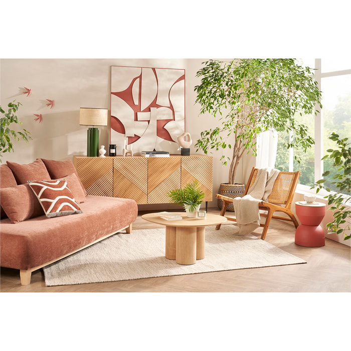 Canapé 3 places en tissu effet velours texturé terre brûlée et bois clair L200 cm ODEON