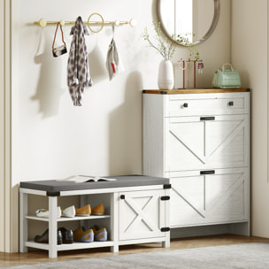 Banco Zapatero Rústico Zapatero con Asiento Organizador de Zapatos con Compartimentos Cojín para 7 Pares de Zapatos para Entrada Salón Dormitorio 100x40x48 cm Blanco y Gris