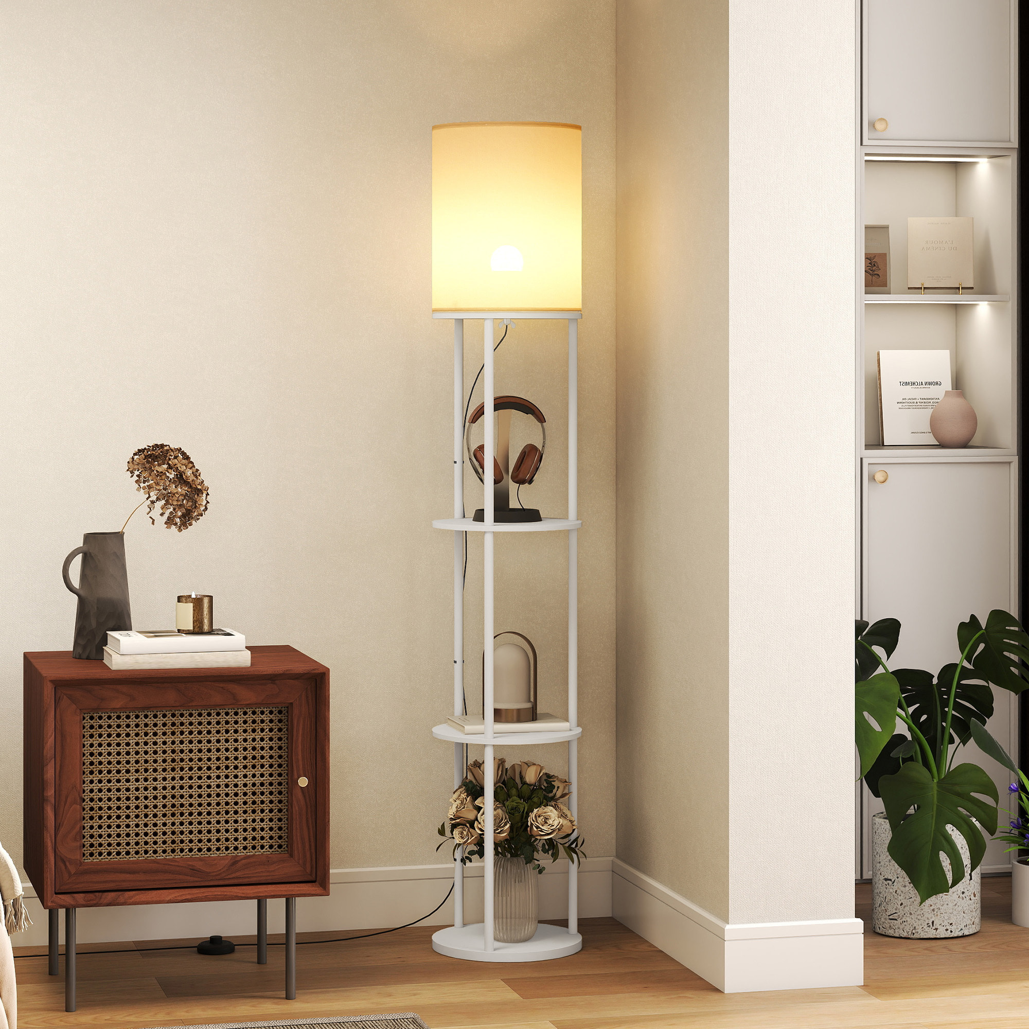 Lámpara de Pie con Estantes, Lámpara con 3 Temperaturas de Color, Control Remoto, Bombilla E27, para Salón, Dormitorio, Oficina, Blanco