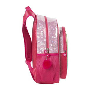 Mochila primaria Pulpito Save The Ocean. Adaptable a carro, con lentejuelas reversibles y accesorio pom-pom.