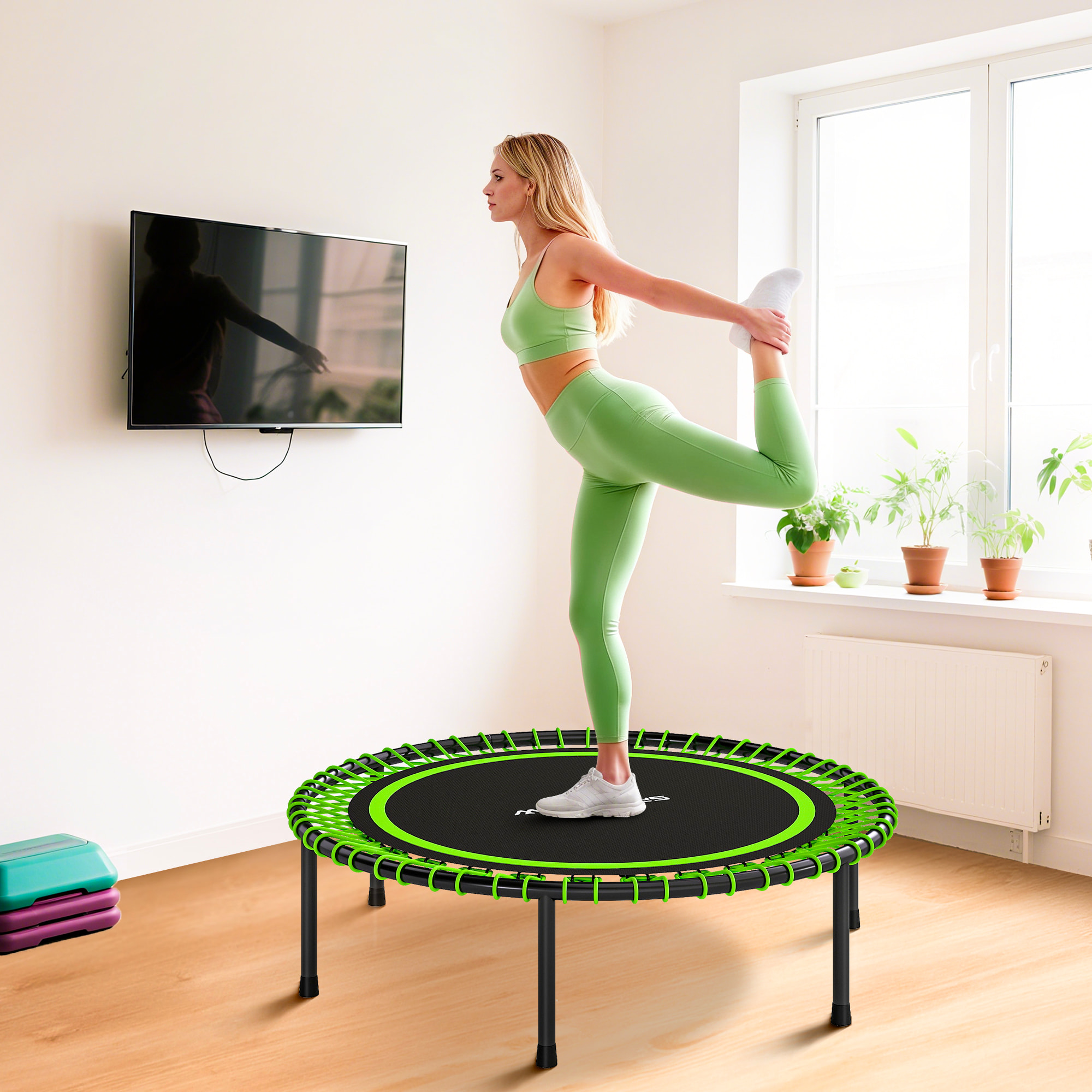 Trampolín de Fitness Adultos Ø114 cm, Cama Elástica con Marco de Acero Reforzado, para Entrenamiento Piernas, Cuerpo en Hogar, Oficina, Gimnasio, Verde y Negro