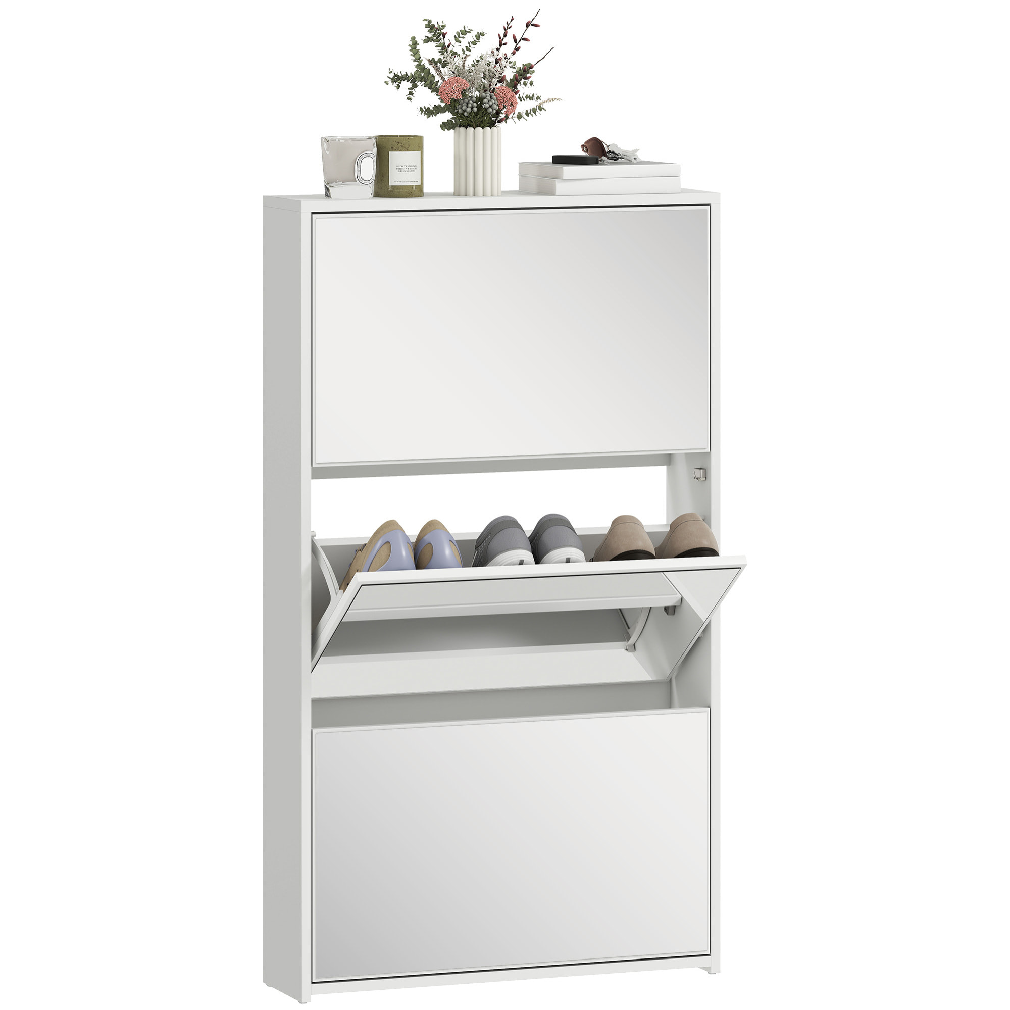 Zapatero Estrecho 3 Puertas con Espejo, Zapatero Entrada Recibidor, para 9 Pares de Zapatos, para Pasillo, Espacios Reducidos, 65x17x114,5 cm, Blanco