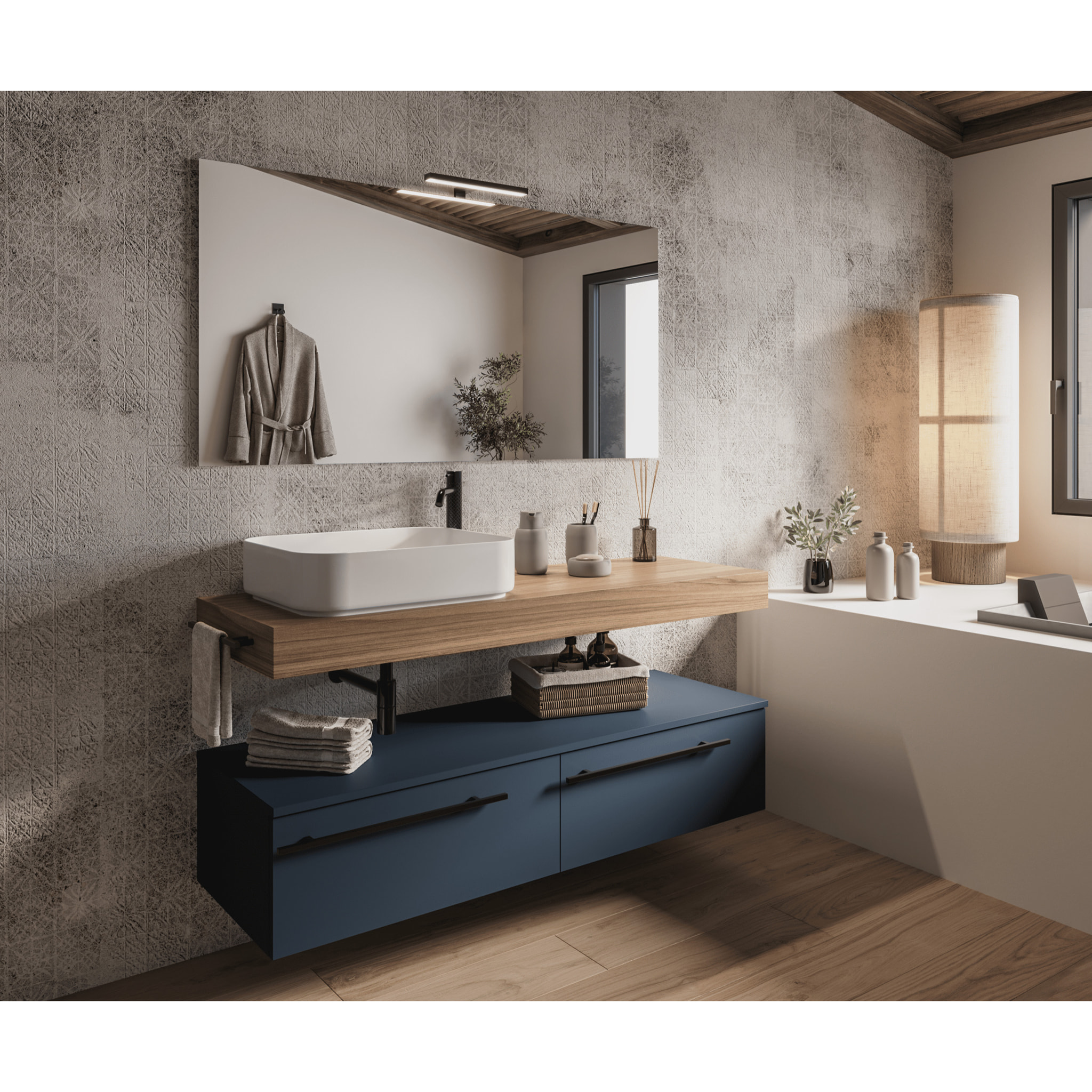 MOBILE DA BAGNO RIFLESSO 140 PORO NOCE E BLU OCEANO - 8 PEZZI