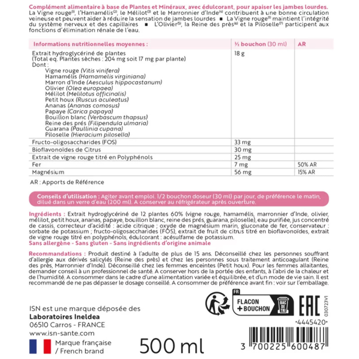 ISN - Veinocell® 500 - Complément alimentaire à base de plantes, minéraux - Vigne Rouge, Hamamélis, Mélilot - Confort circulatoire - Limite la rétention d'eau - Lot de 2 Flacons