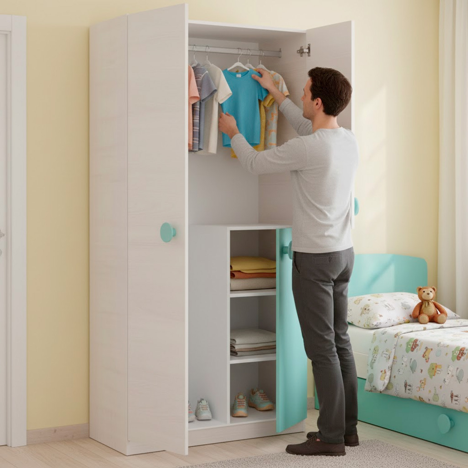 Armadio Armadietto Per Cameretta E Camera Da Letto Mobile Mobiletto Guardaroba Compatto Barra Appendiabiti 200 x 90 x 52 Cm Bianco Alpi e Verde Acqua