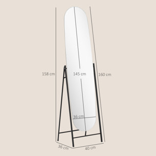 Espejo de Cuerpo Entero Arqueado 160x40 cm, Espejo de Pie o Apoyado en la Pared, sin Marco, Soporte de Metal, para Salón, Dormitorio, Vestidor y Entrada, Negro