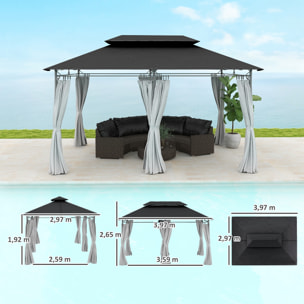 Cenador para Jardín 4x3 m Pérgola de Jardín Gazebo con Doble Techo Paredes Laterales Resistente al Agua Carpa para Exterior Terraza Patio Gris Oscuro