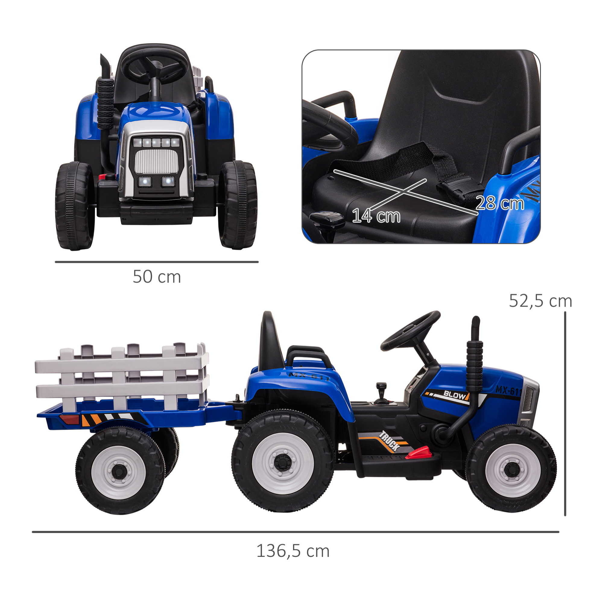 Tractor Eléctrico con Remolque Desmontable Coche Eléctrico para Niños 3-6 Años con Control Remoto Música MP3 Pantalla Luces y Cinturón de Seguridad 136,5x50x52,5 cm Azul