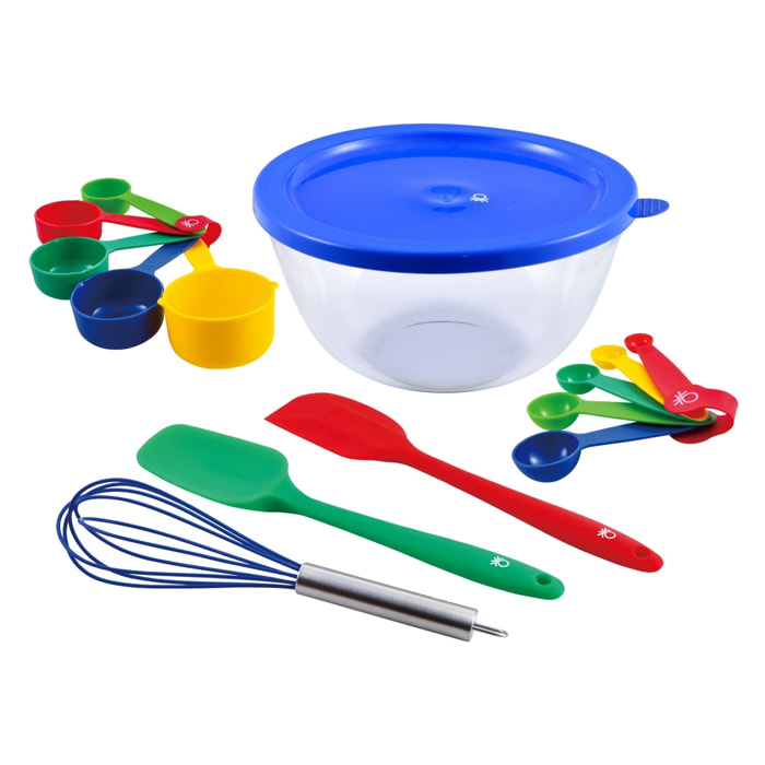 Set 14 piezas para repostería (bol + cuchara + espátula + batidor + 5 tazas de medición + 5 cucharas medidoras), Benetton