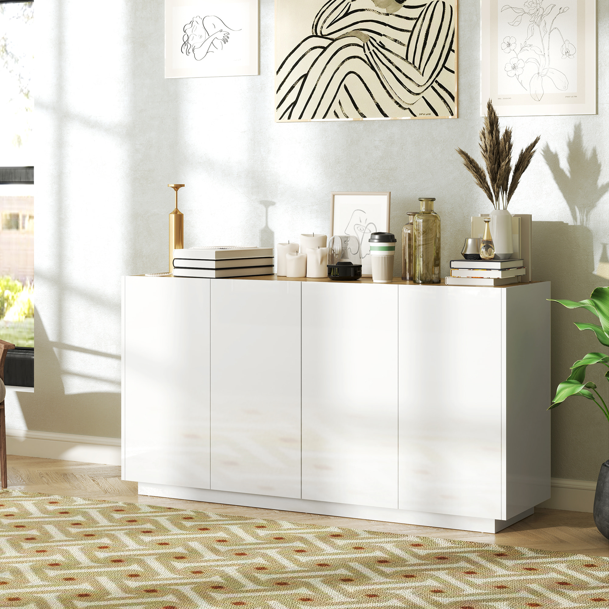 Buffet design contemporain blanc laqué plateau aspect bois clair - dim. 140L x 40l x 75H cm - 4 portes, 2 étagères