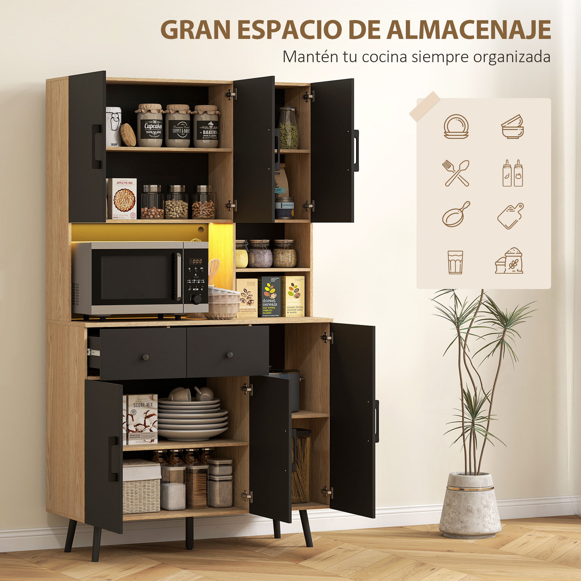 Alacena de Cocina Alta con Luces LED RGB Mueble Auxiliar de Cocina con 6 Puertas 2 Cajones Encimera y Orificio para Cables Estilo Moderno Negro y Roble 100x40x176 cm