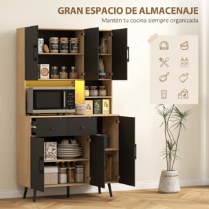 Alacena de Cocina Alta con Luces LED RGB Mueble Auxiliar de Cocina con 6 Puertas 2 Cajones Encimera y Orificio para Cables Estilo Moderno Negro y Roble 100x40x176 cm