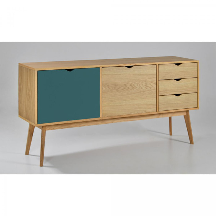 Ström - Buffet design 2 portes 3 tiroirs chêne - Couleur - Porte vert eucalyptus