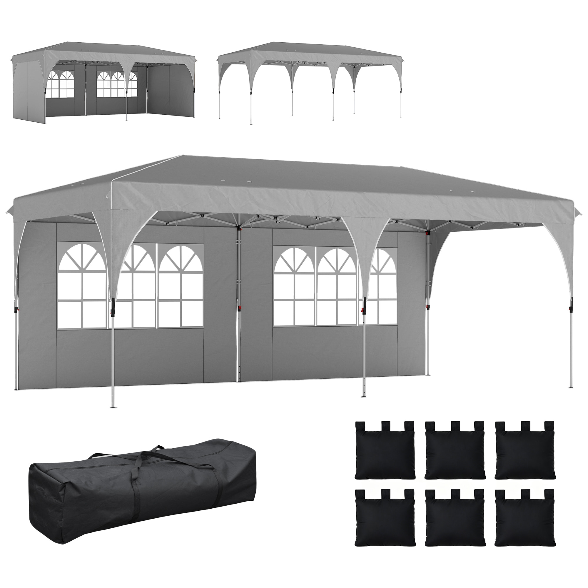 Tonnelle barnum pliable 3x6m 4 parois latérales 6 sacs lestage 2 fenêtres blanc