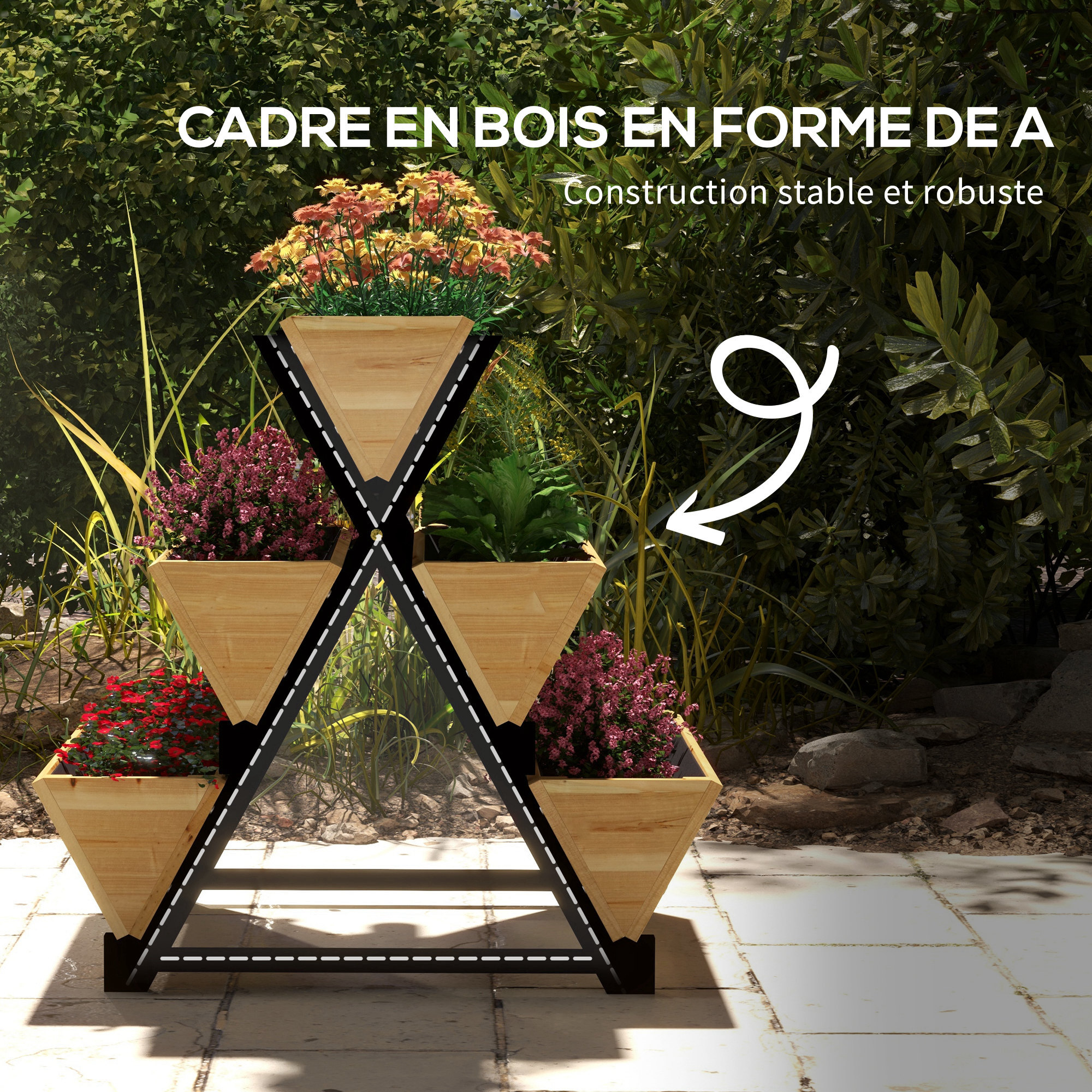 Jardinière escalier 5 bacs design - dim. 75L x 78lx 77H cm - acier noir bois sapin pré-huilé