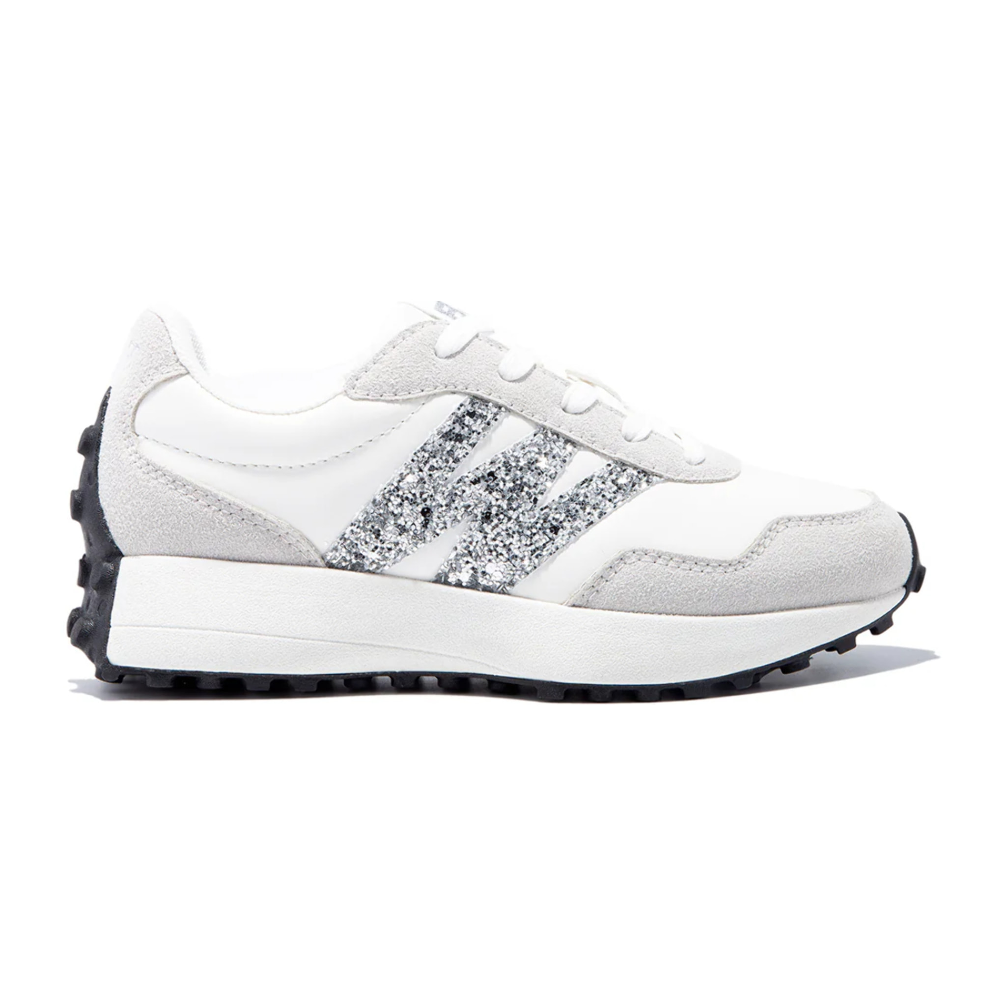 Zapatillas blancas retro con glitter plateado