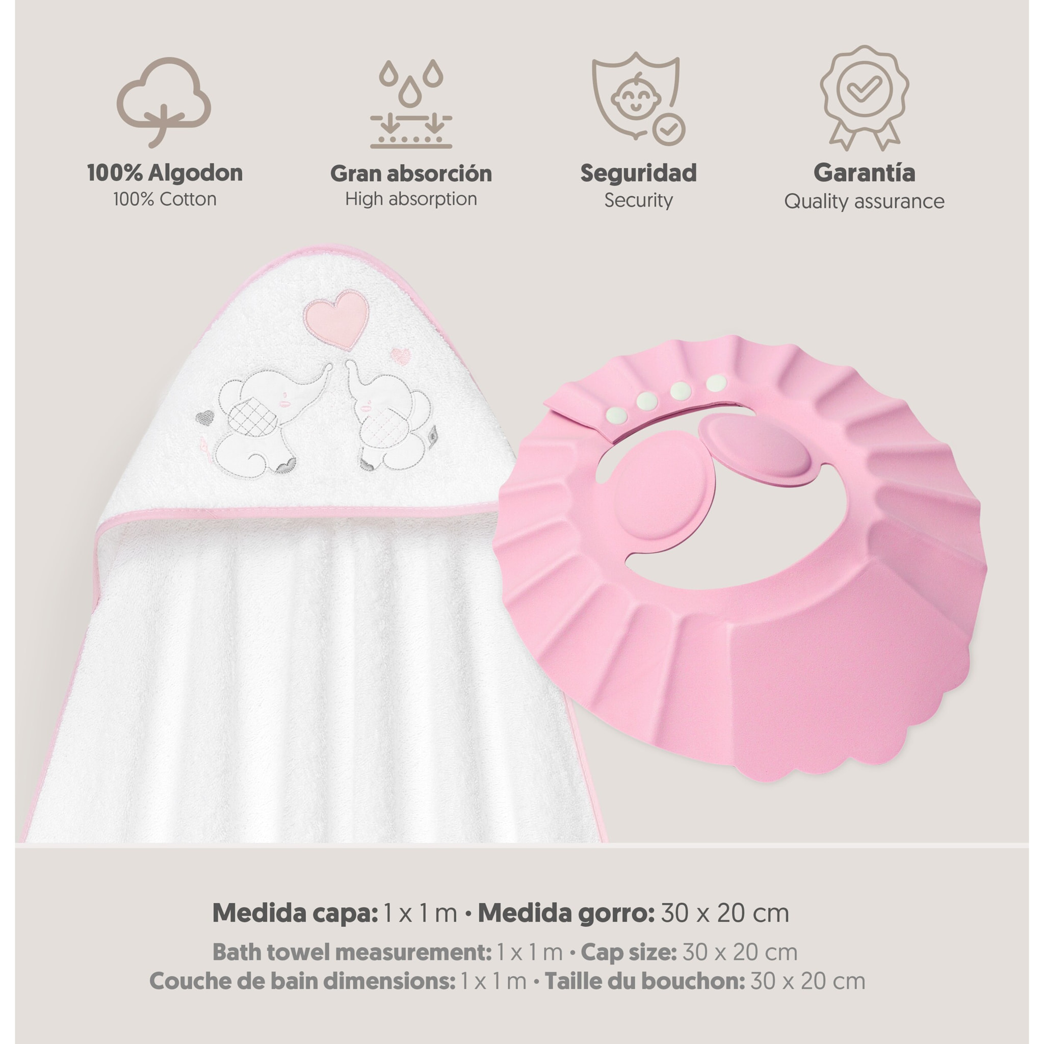 Capa Baño 1X1 Mod Parejita Elefante+Gorro Bco/Rosa