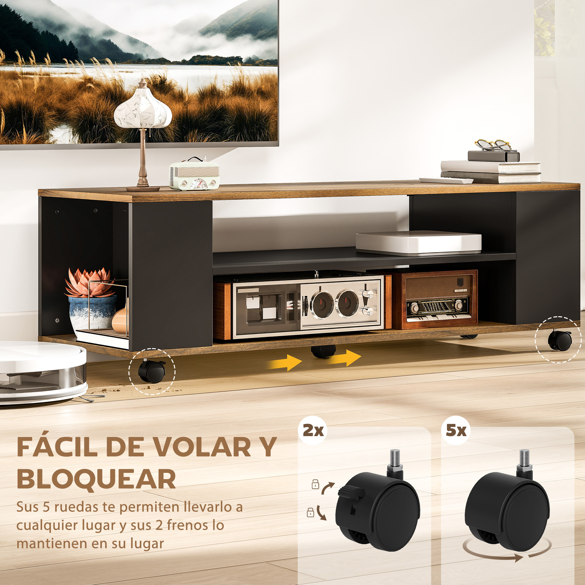 Mueble de TV con Ruedas, Mesa de TV Suspendido o de Pie, para Salón, con 4 Estantes Abiertos, para Televisión de 55 Pulgadas, Estilo Moderno, 120x40x38,5 cm, Nogal y Negro