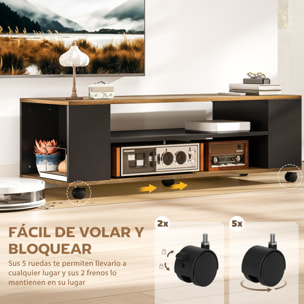 Mueble de TV con Ruedas, Mesa de TV Suspendido o de Pie, para Salón, con 4 Estantes Abiertos, para Televisión de 55 Pulgadas, Estilo Moderno, 120x40x38,5 cm, Nogal y Negro