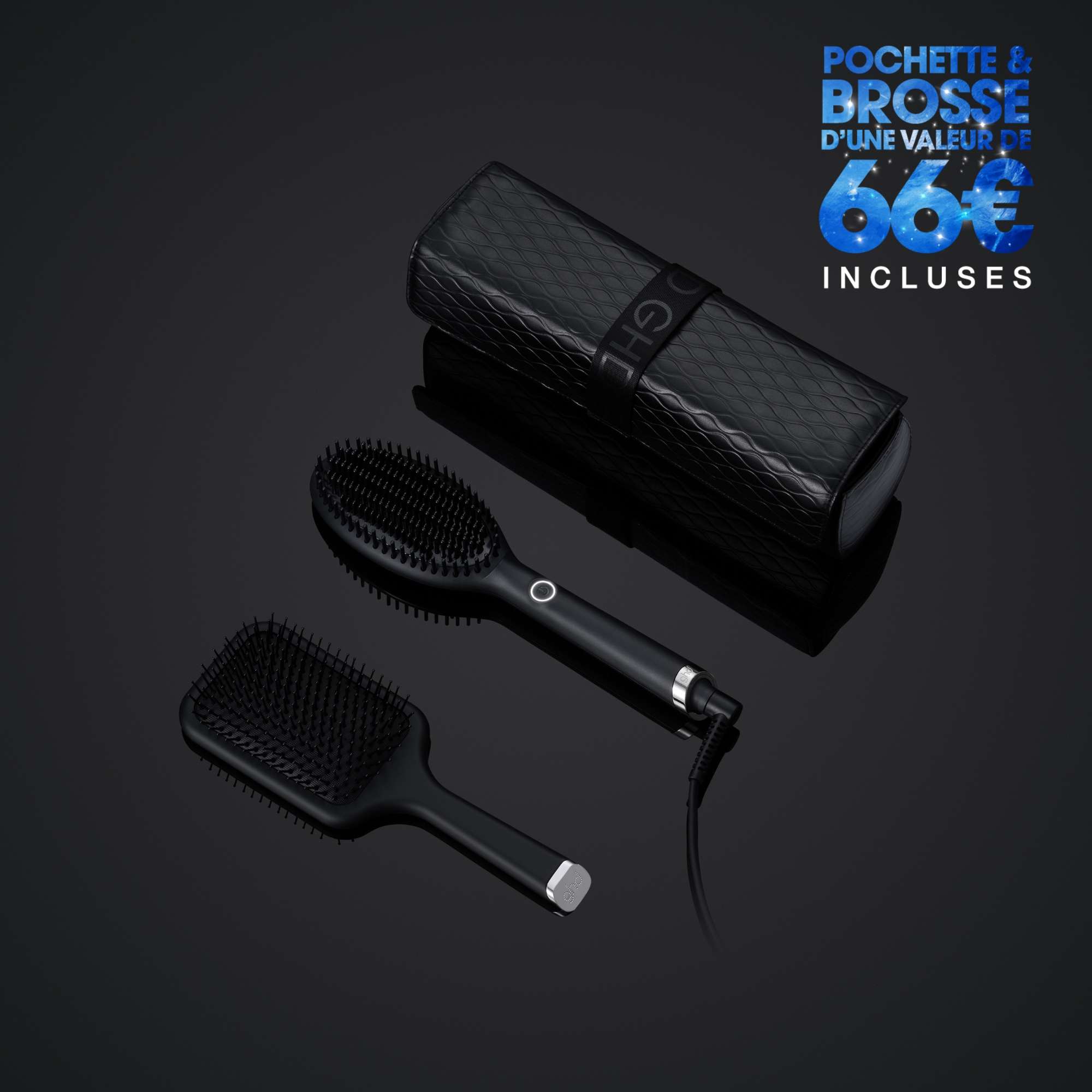 Coffret brosse lissante ghd glide, sa brosse à cheveux et sa pochette thermorésistante