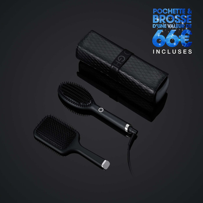 Coffret brosse lissante ghd glide, sa brosse à cheveux et sa pochette thermorésistante