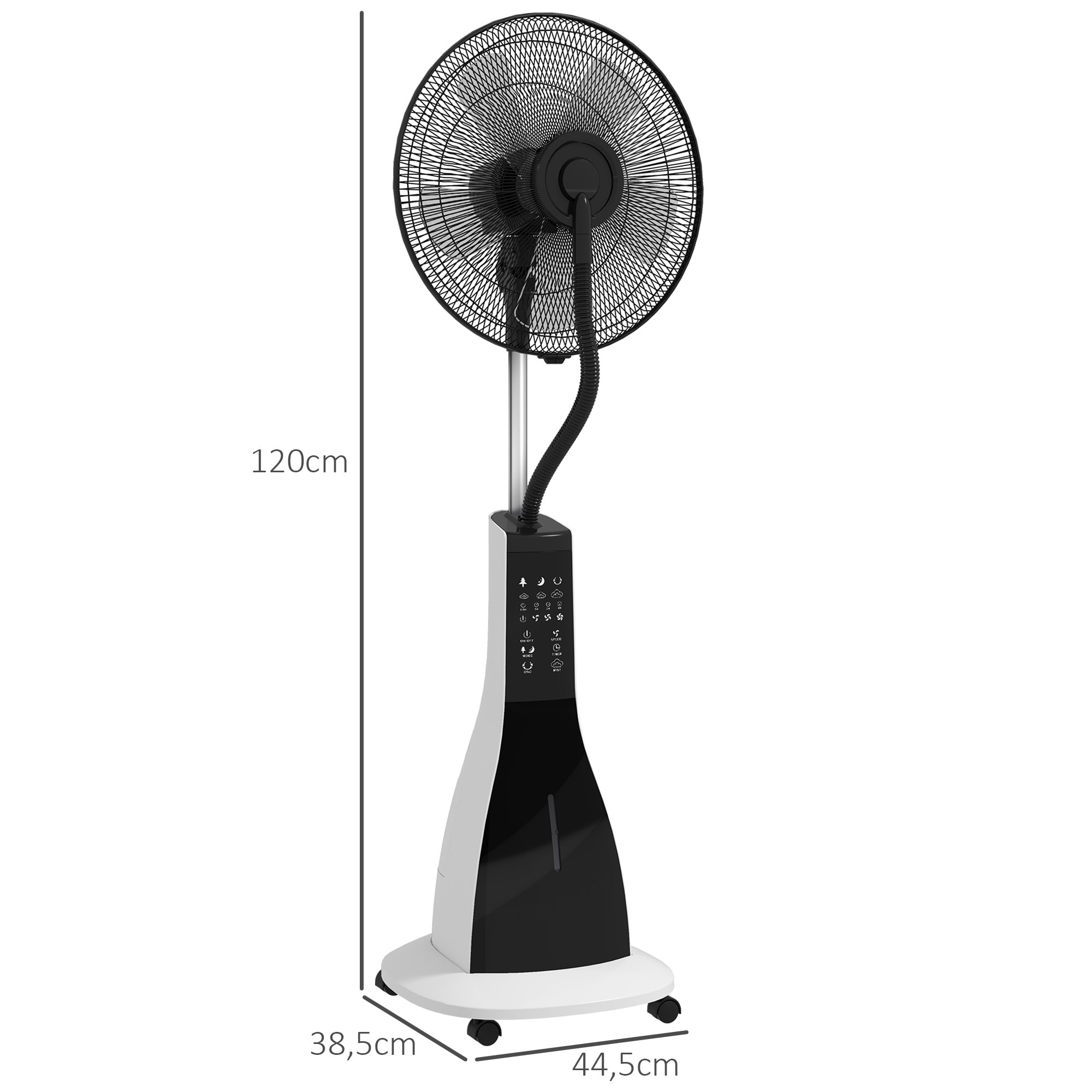 Ventilador Nebulizador Ventilador de Pie con Agua Oscilante 90 W Temporizador Tanque 3L Mando a Distancia 3 Velocidades 5 Aspas y Pantalla LED Ø44,5 cm Blanco y Negro