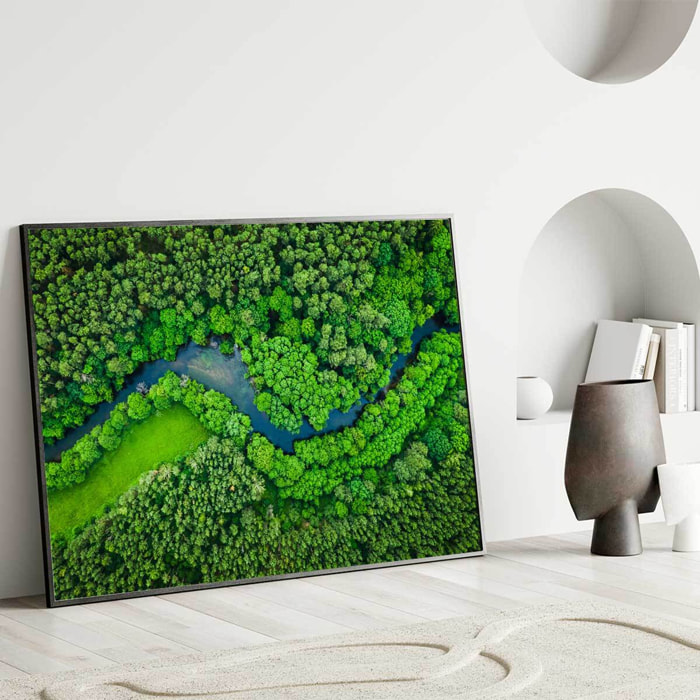 Affiche encadrée Vue aérienne d’une rivière traversant une forêt verte Affiche + cadre en métal - Noir