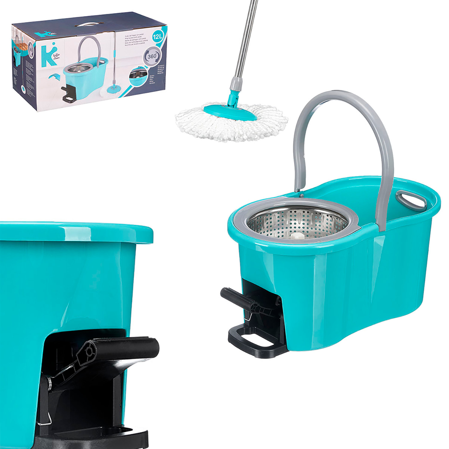 Secchio per lavare da 12L con strizzatore rotante con pedale. Include straccio in metallo.