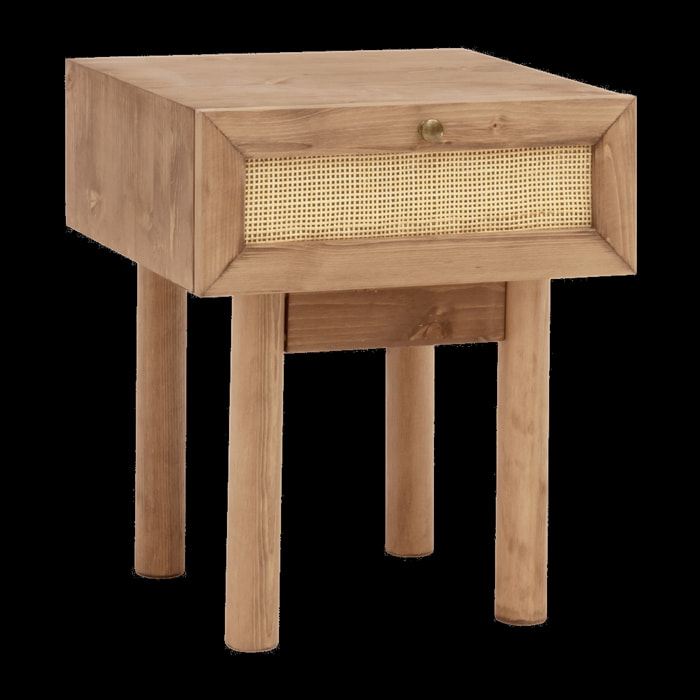 Chevet en bois massif et raphia avec un tiroir en chêne foncé 40x45cm Hauteur: 45 Longueur: 40 Largeur: 37