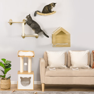Conjunto para Gatos Juego de Casa para Gatos de 2 Niveles con Cama Superior Cojines Lavables y Estantes para Gatos 3 Piezas de Pared con Hamaca 35x35x81 cm Roble