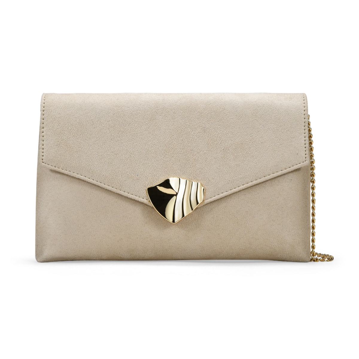 Bolso de mano beige con broche dorado