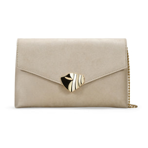 Bolso de mano beige con broche dorado