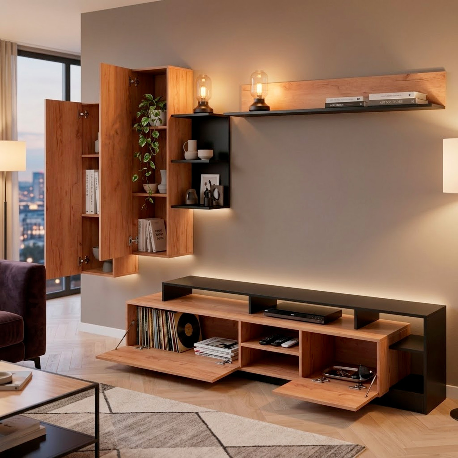 Parete attrezzata mobile da soggiorno mobile da tv moderno  260 x  43.6 x 171.5 cm Rovere e Antracite