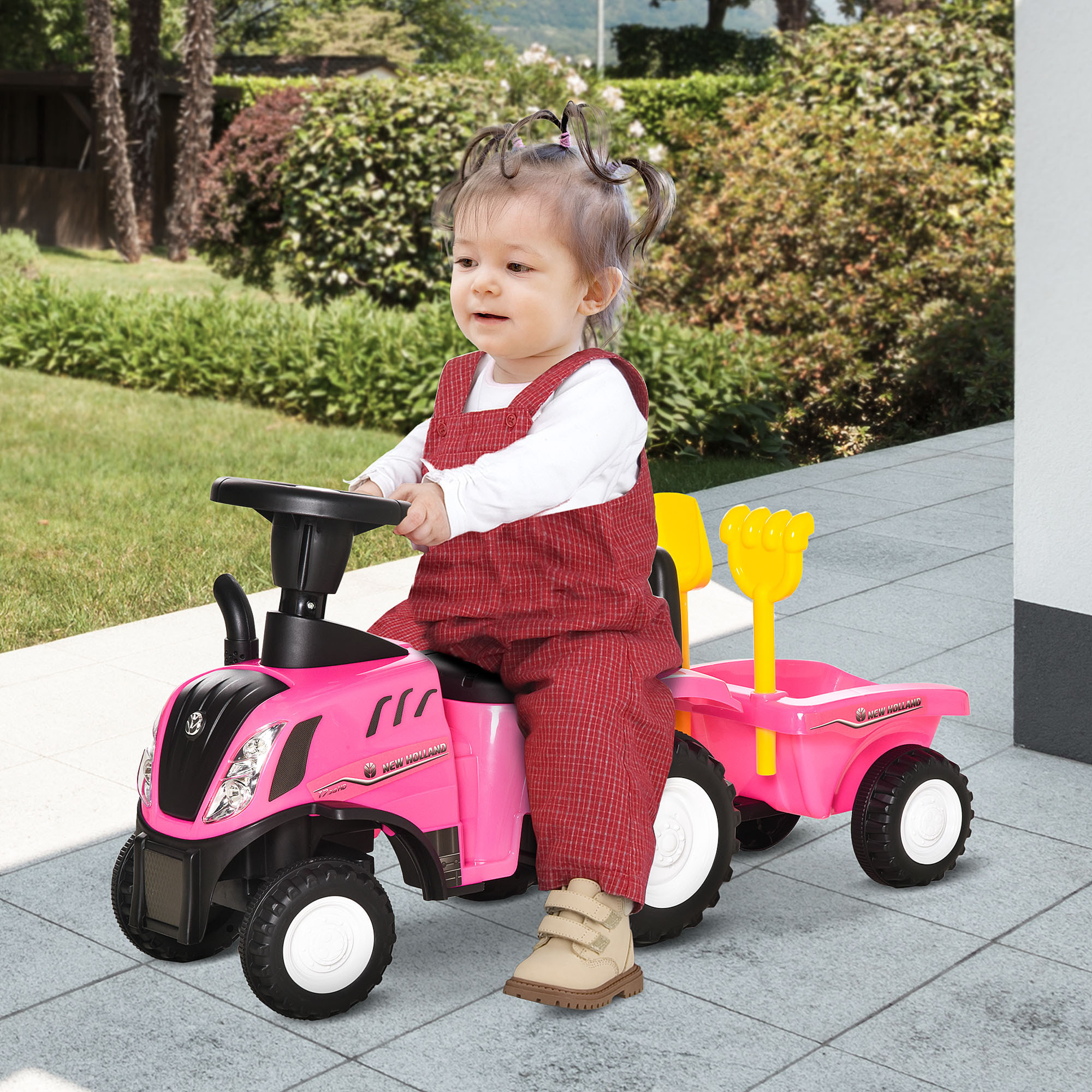 Tractor sin Pedales para Niños de 12-36 Meses con Remolque Extraíble Coche Correpasillos con Bocina Faros Pala Asiento de Suelo 25 cm y Rastrillo Carga 25 kg 91x29x44 cm Rosa