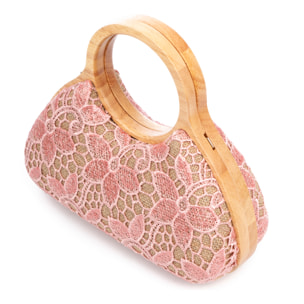 Avisio bolso de mano fabricado en madera natural, algodón y jute con diseño malla de tejido floral