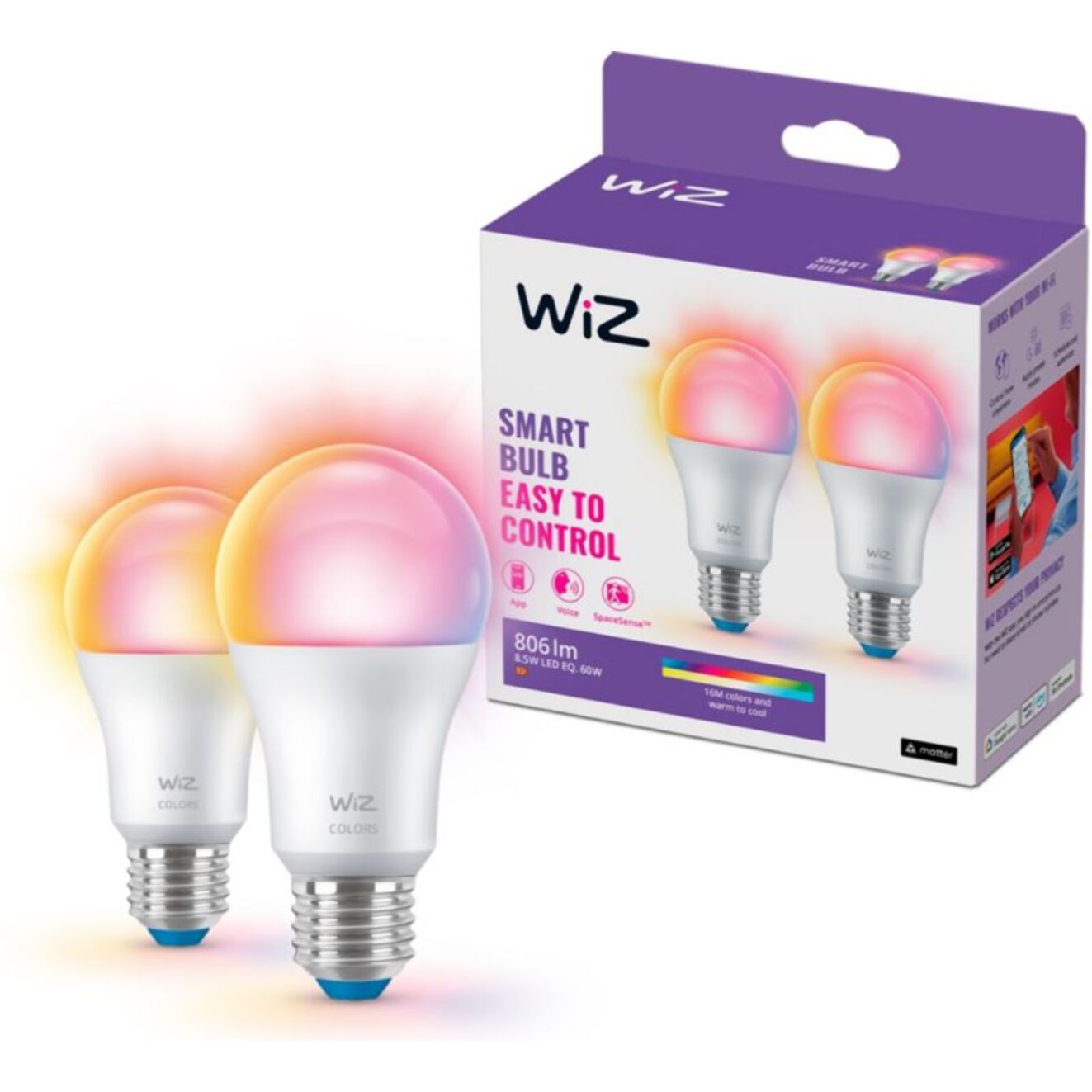 Ampoule LED connectée WIZ E27 Couleur 60W pack de 2